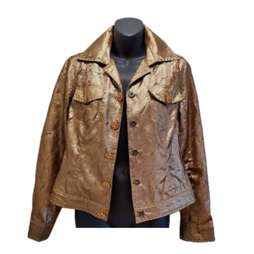 VTG Boston Proper Gold Metallic Taffeta Trucker Jacket Jeweled Sz XS Y2K Glam